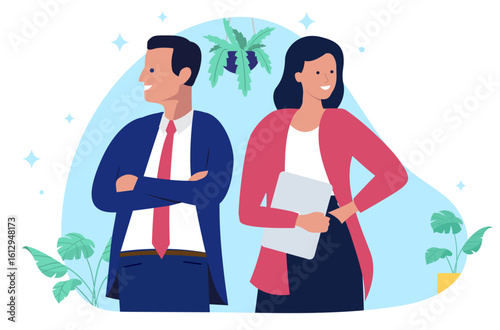 Confident and smiling male and female business partner standing together, representing a professional corporate team or a successful business collaboration in flat design vector illustration
