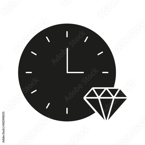 Clock With Diamond Solid Icon. Time Management And Luxury Value Silhouette Symbol. Wealth And Precious Investment Concept. Isolated Vector Illustration