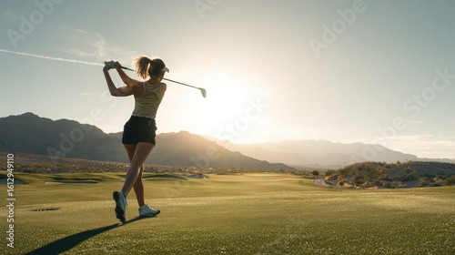 A woman golfer taking a powerful swing on a scenic golf course at sunset.