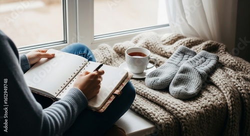 Cozy winter scene: woman writing in a journal by the window with tea and socks
