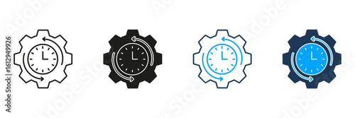 Clock And Gear Line And Solid Icon Set. Time Management, Efficiency, And Process Optimization Symbol Collection. Workflow And Productivity Enhancement. Isolated Vector Illustration