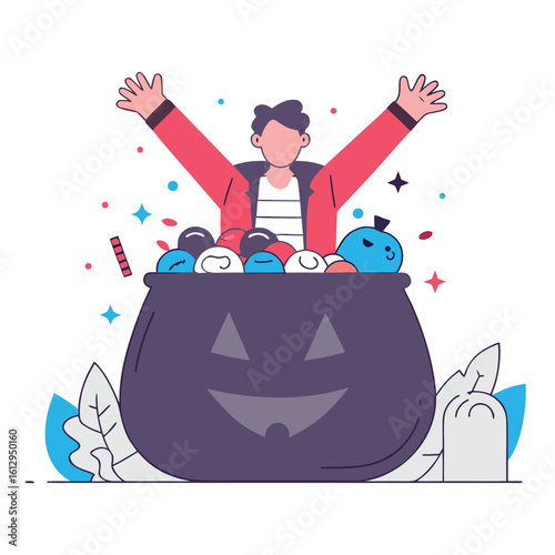 Excited person with arms raised above a full halloween candy bucket filled with treats and a blue pumpkin