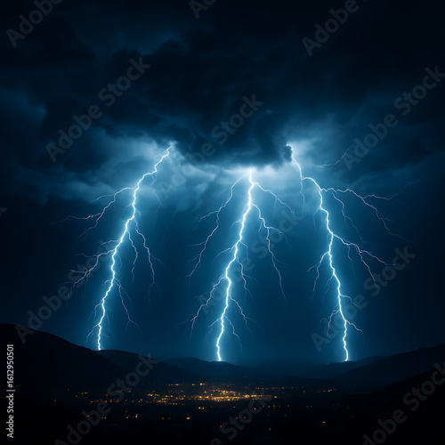 A dramatic lightning storm with multiple bolts striking over a valley at night.