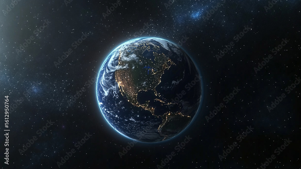 Fototapeta premium Earth at night seen from space showing city lights and starry backdrop