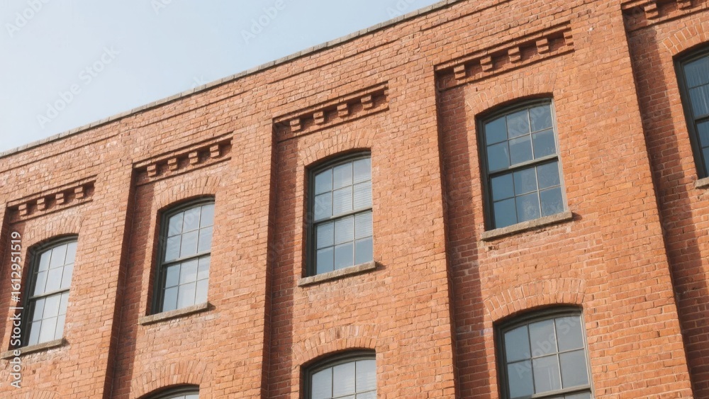 Fototapeta premium Red Brick Building with Symmetrical Windows and Decorative Cornices
