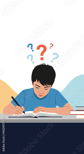 Curious young student writing at a desk surrounded by question marks pondering difficult homework assignments and educational challenges learning and understanding concepts in school