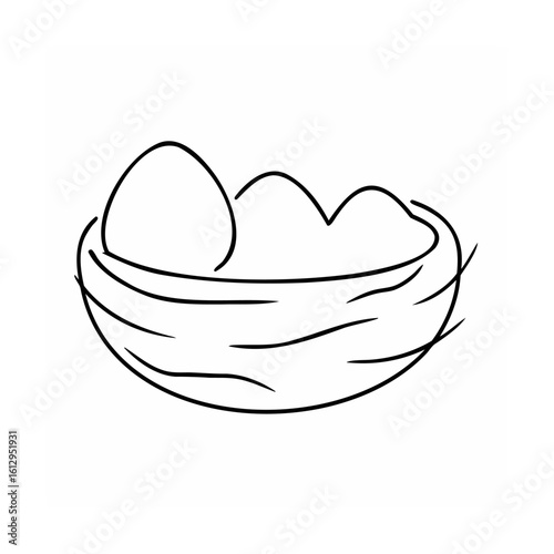 Simple black outline of a bird nest with eggs black and white
