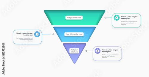 Modern funnel chart template with 3 colorful sections. Creative diagram divided into three parts with numbers and place for your content.