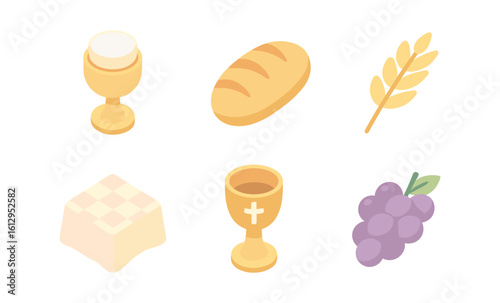 Isometric eucharistic symbols: bread, grapes, chalice, wheat, altar, and communion elements