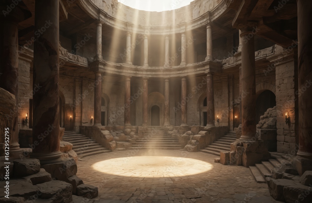 Obraz premium Grand room with circular window, central pillar, balcony, and arches. Symmetrical design with columns and plain walls. Warm glow from light source above, illuminating space.