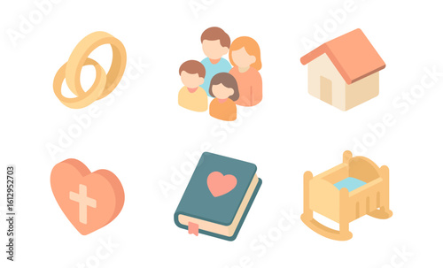 Isometric icons of family, home, and faith in soft pastel tones