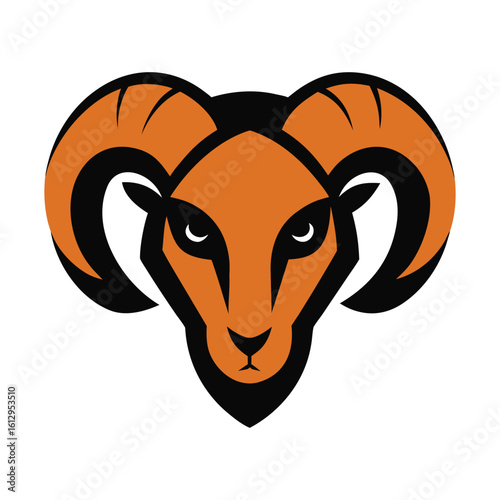 Fierce orange ram head mascot with large curving horns and intense eyes
