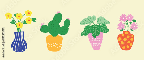 Crayon Style Potted Plants Cute Hand Drawn Houseplants Vector Set. Perfect for home decor designs, wall art, greeting cards, stickers, nursery prints, and botanical-themed projects. 
