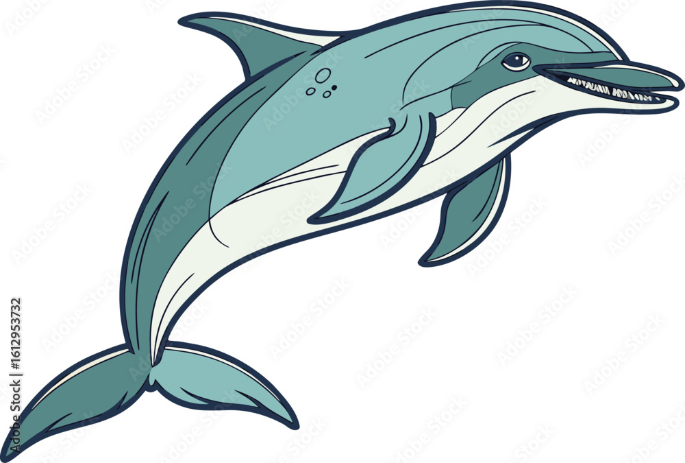 Obraz premium Hyper realistic dolphin illustration with lifelike details and smooth ocean blue gradient for marine and wildlife design. Hyper realistic dolphin drawing with natural curved body and glossy skin