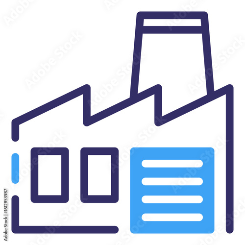 A detailed illustration depicts a modern industrial factory, with clean lines and stylized forms showcasing a symbol of industry. 
