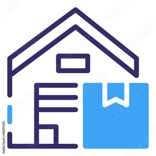 A sleek, minimalist illustration of a warehouse. A visual shorthand for distribution, logistics, and commerce, it represents storage, supply chain, and efficient operations.