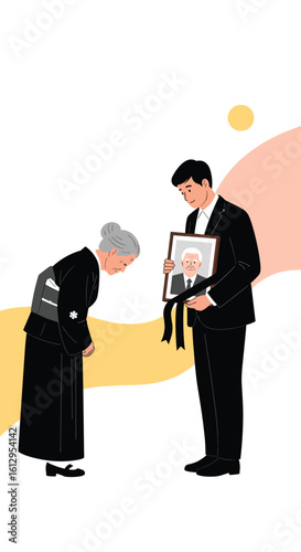 A young man offers a portrait to an elderly woman during a somber occasion showing respect and grief