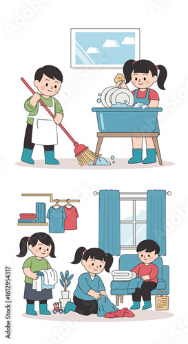 Children actively participating in household chores promoting responsibility and teamwork for a clean environment