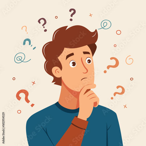 Cartoon Man in Deep Thought Surrounded by Question Marks Represents Confusion and Uncertainty Needing Solutions and Answers