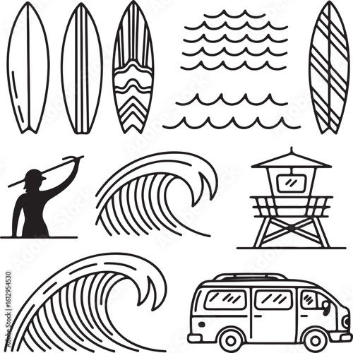 Black and white line art illustration featuring surfing elements such as surfboards waves a lifeguard tower a surfer and a van perfect for summer designs