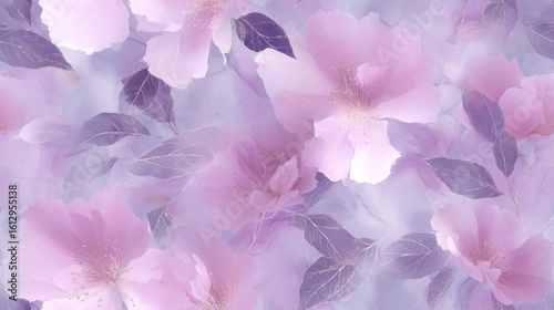 Soft pink and purple flowers bloom together in a delicate pattern. The gentle hues create a calming atmosphere. Ideal for backgrounds and floral designs. AI