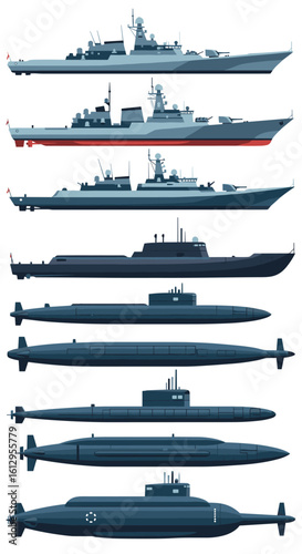 Collection of military naval vessels including submarines and surface ships for maritime defense and power projection