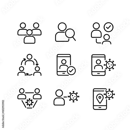 Health contact tracing icon set. Outline symbols. Line design