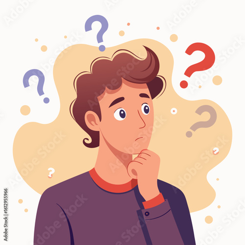 Cartoon Man in Deep Thought Surrounded by Question Marks Represents Confusion and Uncertainty Needing Solutions and Answers