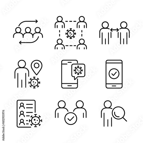 Digital contact tracking icons. Outline symbols. Line design