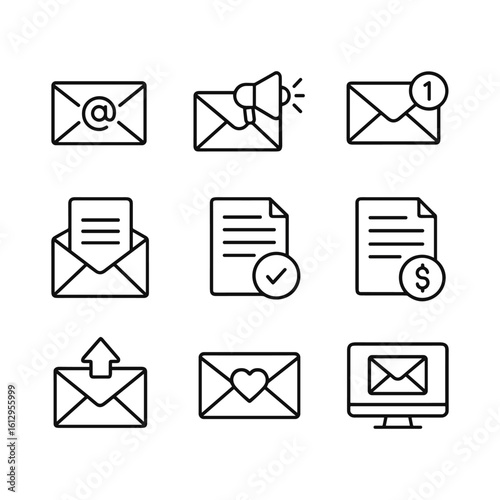 Electronic mail icon collection. Outline symbols. Line design