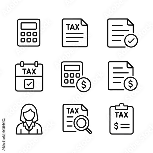 Tax and finance icons collection. Outline symbols. Line design
