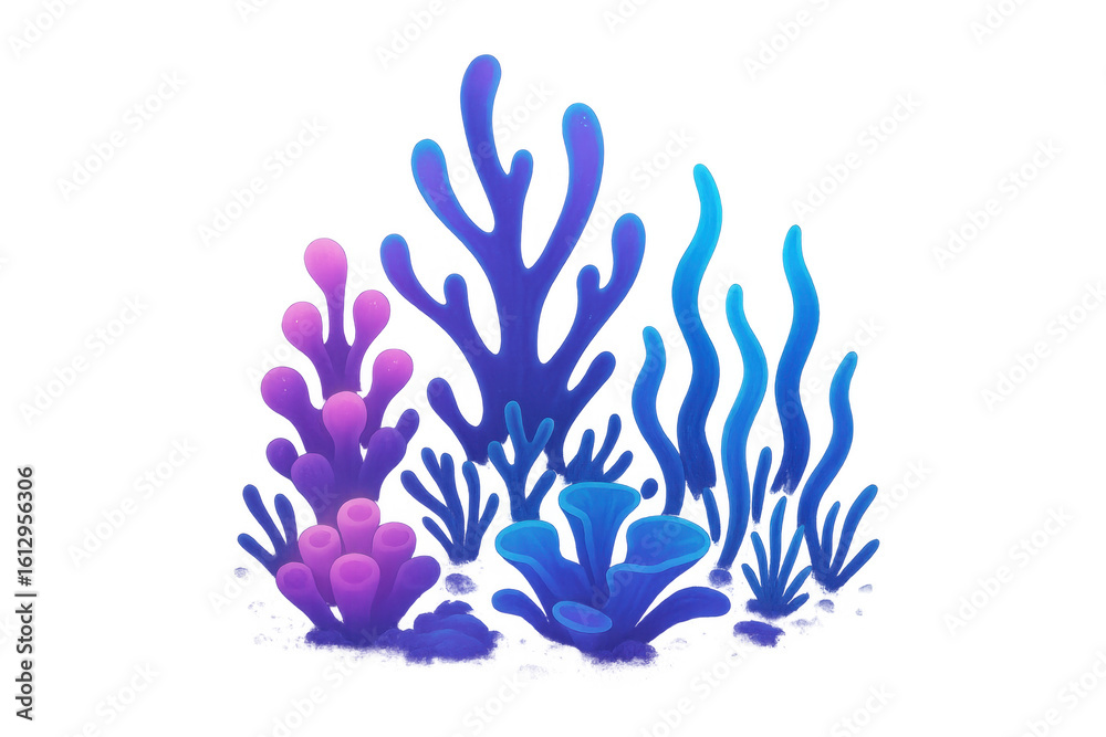 Vibrant seaweed and coral glowing, revealing marine ecosystem's rich palette against transparent backdrop Vibrant seaweed and coral glowing, revealing marine ecosystem's rich palette against transparent backdrop