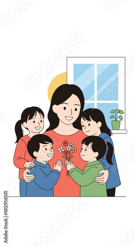 A loving mother receives a special flower gift from her four adoring children on a sunny day indoors