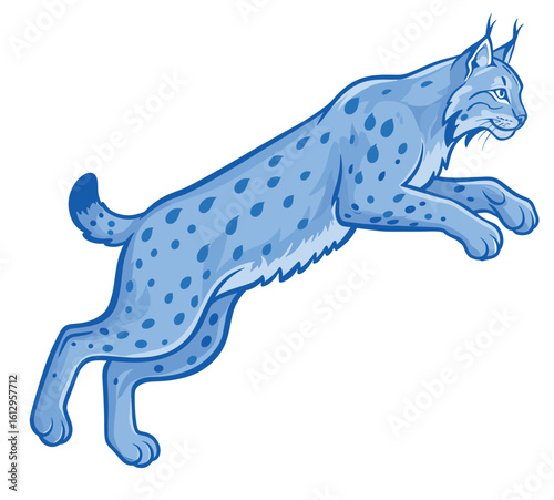 Eurasian lynx in blue leaping with a dynamic expression