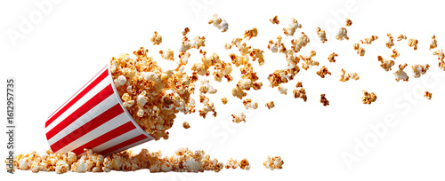 Overflowing red and white striped popcorn bucket with scattered kernels against a clean transparent background