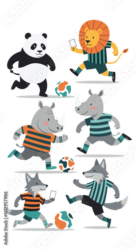 Cute animal football players engaging in a friendly match on a white background