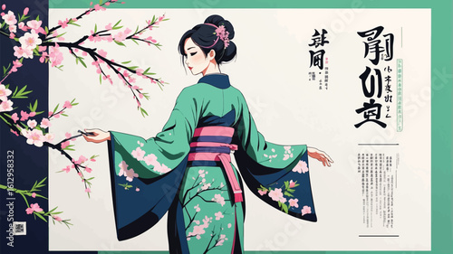 Elegant Japanese Woman in Kimono with Cherry Blossoms and Calligraphy