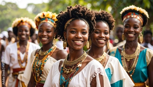 A vibrant portrait of a group of young African women with radiant smiles, celebrating their cultural heritage in traditional festive attire.