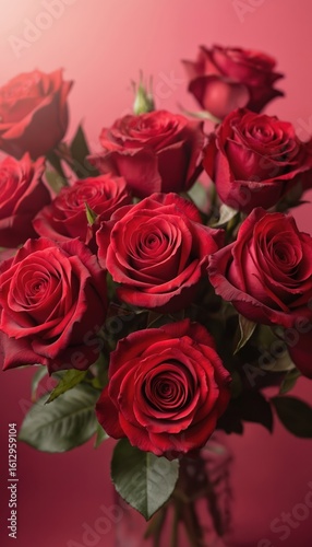 Red roses bouquet arranged in circular pattern on soft pink background. Vibrant red roses attached to stems, offset from center. Dynamically captured from angle, adding movement to still scene. Rose