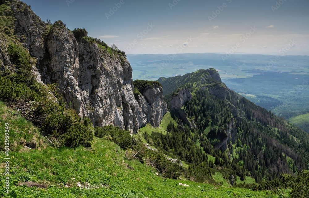 Naklejka premium Panorama of spring mountain landscape with limestone rocks and lush green forest, blue sky. Spring hiking in the mountains, nature reserve. High Tatras, cottage Plesnivec