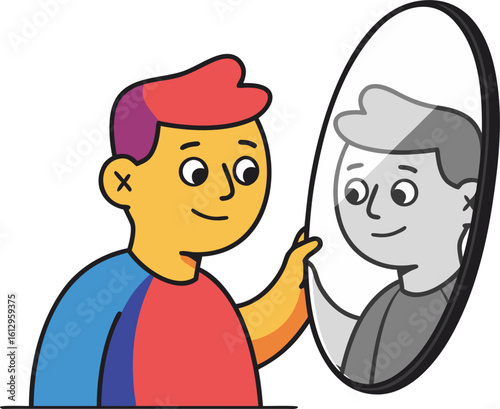 A metaphor for the loss of color in the world and emotional decline. A vibrant person looks in the mirror, seeing a monochrome reflection that symbolizes depression and a loss of vivid perception.