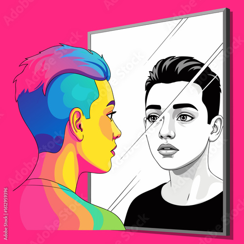A metaphor for the loss of color in the world and emotional decline. A vibrant person looks in the mirror, seeing a monochrome reflection that symbolizes depression and a loss of vivid perception.