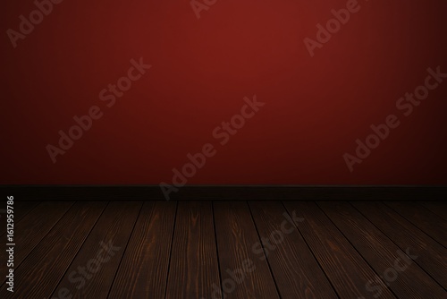 Empty room with red wall and dark wooden floor for interior design background