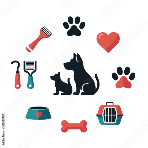 A collection of pet care icons and dog silhouettes. Vector graphic illustration set for veterinary or pet shop concepts.
