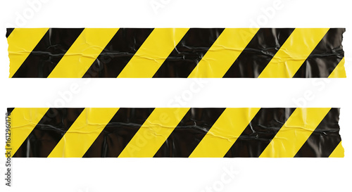 Two strips of wrinkled yellow and black striped caution tape for restricted areas. Isolated on transparent background, png