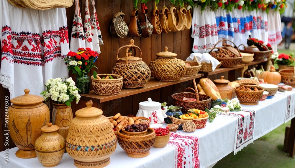 Fototapeta premium Traditional folk art fair showcasing a vibrant display of handmade wicker baskets, woodenware, and embroidered textiles.