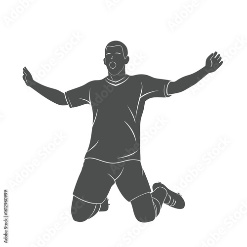 Silhouette of a Kneeling Soccer Player Celebrating Victory with Arms Open Wide in a Solid Gray Color