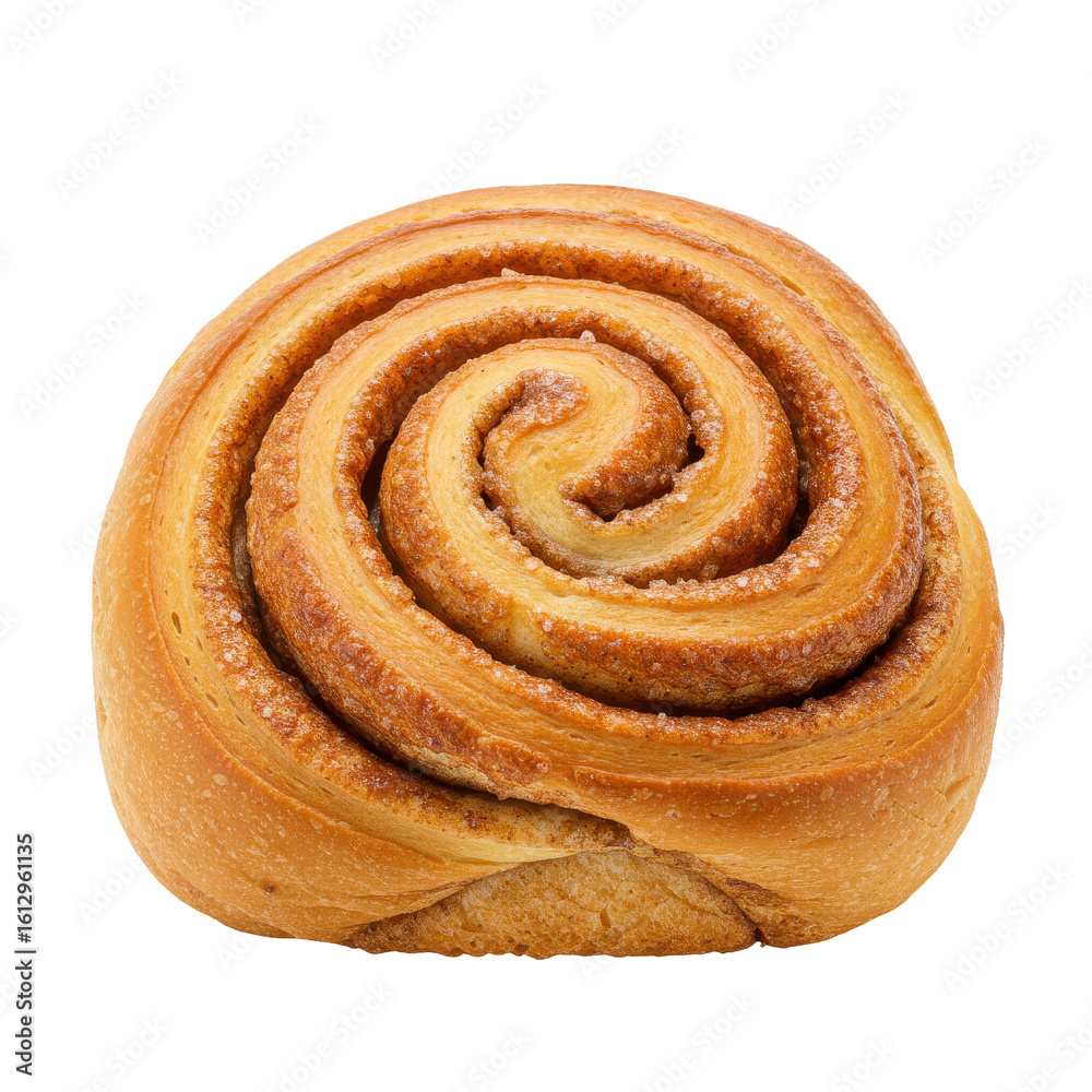 Fototapeta premium Freshly baked cinnamon roll with a golden-brown crust on a white background, perfect for dessert