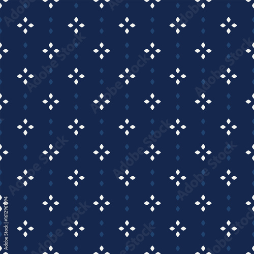 Simple geometric pattern abstract floral shapes motif classic blue minimal background. Small flowers diamond elements modern fabric design textile swatch ladies dress, men's shirt allover print block.