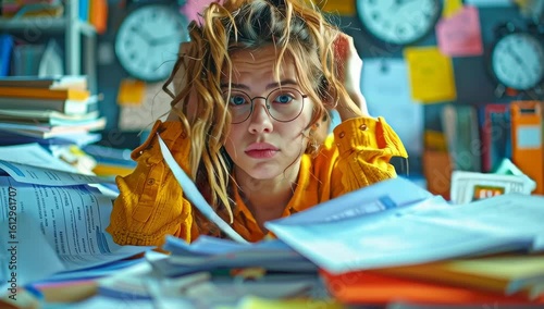 Stressed Young Woman at Work Desk – Deadline and Burnout Concept